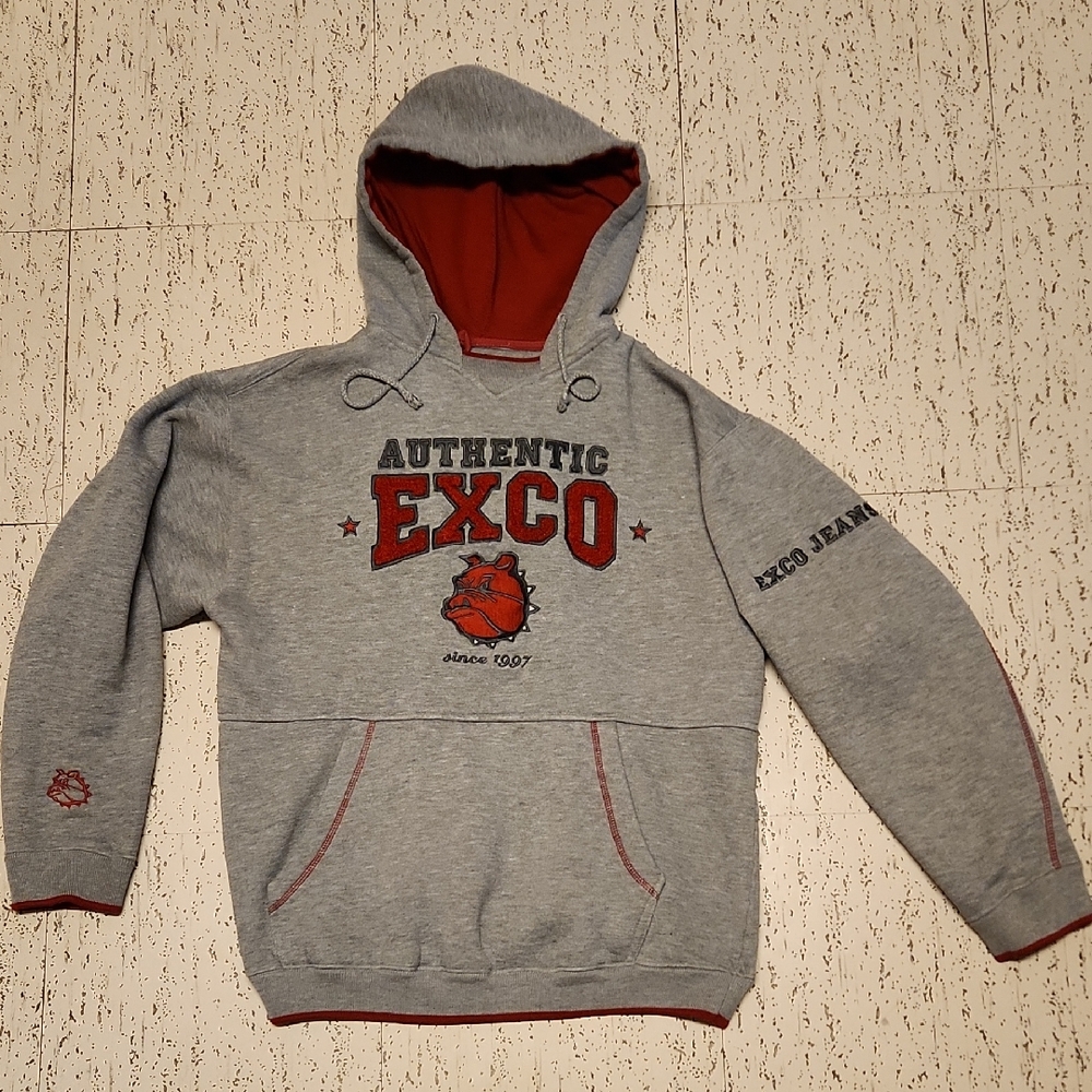 Exco Gray & Red Bulldog Spellout Logo Pullover Hoodie Vintage Y2K RARE